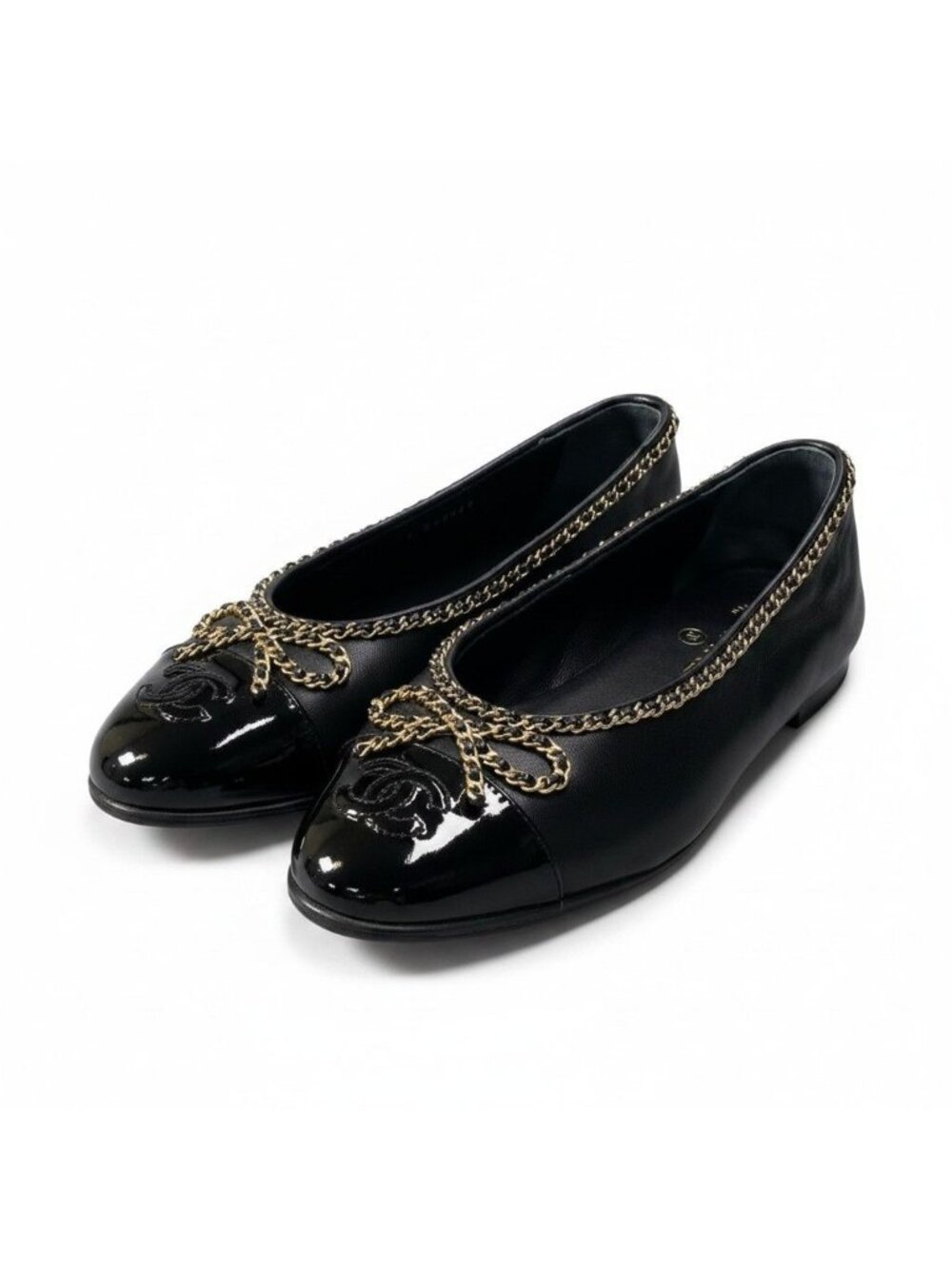Chanel Ribbon Chain Ballerina Pumps Gold 36.5 Black Lambskin Flat